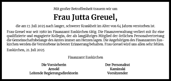 Anzeige von Jutta Greuel von Kölner Stadt-Anzeiger / Kölnische Rundschau / Express