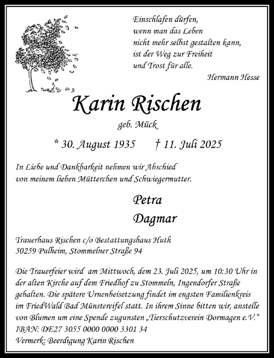 Anzeige von Karin Rischen von  Wochenende 
