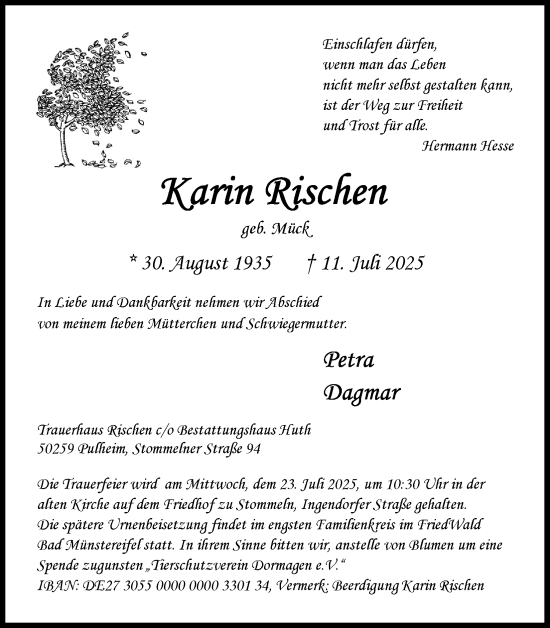 Anzeige von Karin Rischen von Kölner Stadt-Anzeiger / Kölnische Rundschau / Express