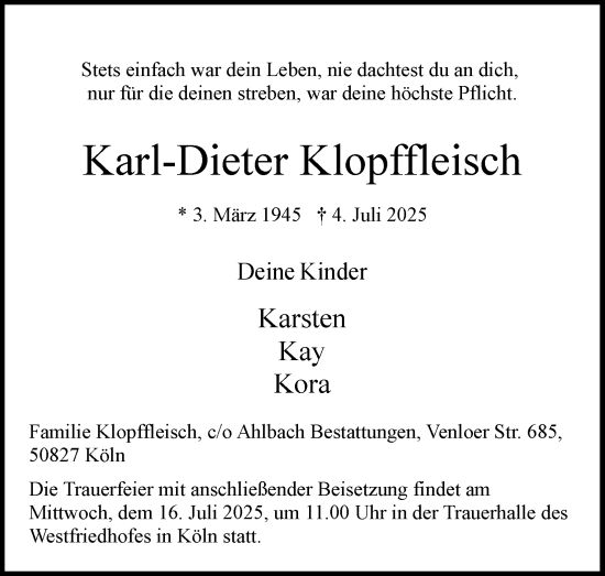 Anzeige von Karl-Dieter Klopftleisch von Kölner Stadt-Anzeiger / Kölnische Rundschau / Express