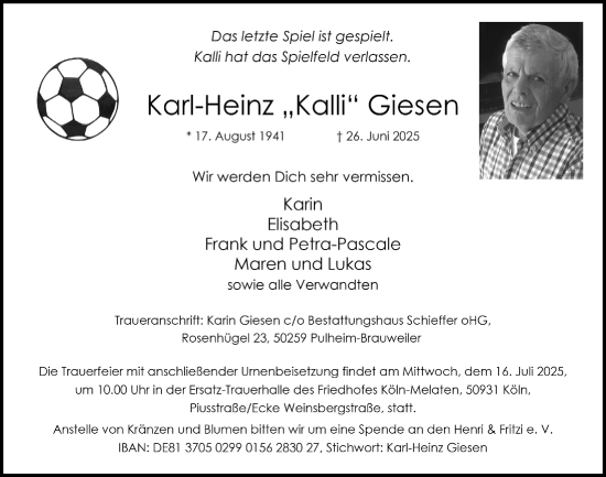 Anzeige von Karl-Heinz Giesen von  Wochenende 
