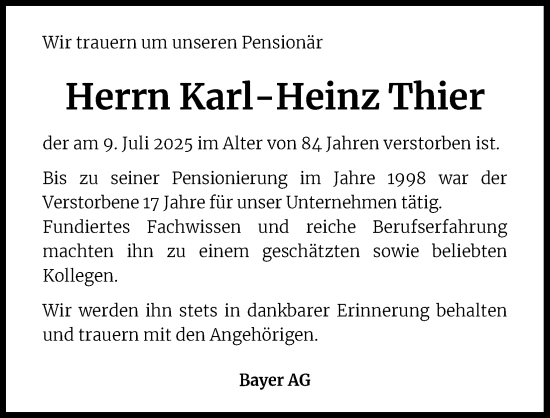 Anzeige von Karl-Heinz Thier von Kölner Stadt-Anzeiger / Kölnische Rundschau / Express