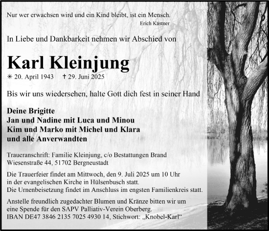 Anzeige von Karl Kleinjung von  Anzeigen Echo 