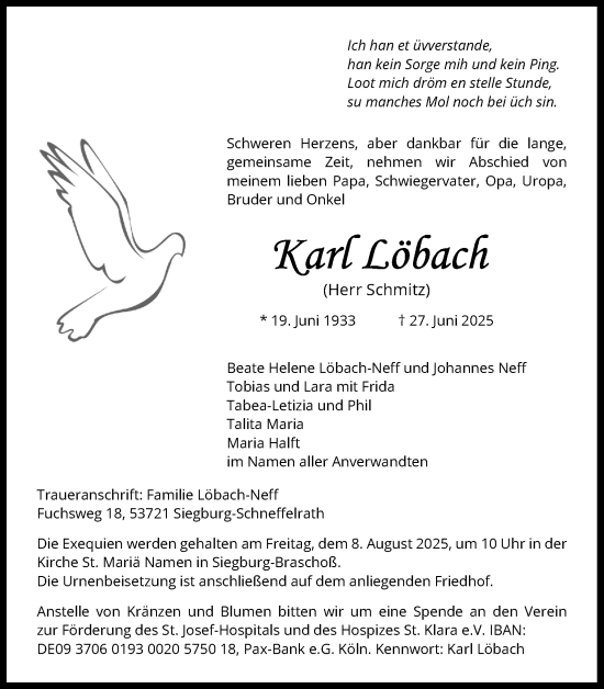 Anzeige von Karl Löbach von Kölner Stadt-Anzeiger / Kölnische Rundschau / Express