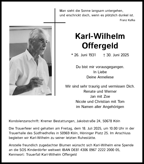 Anzeige von Karl-Wilhelm Offergeld von Kölner Stadt-Anzeiger / Kölnische Rundschau / Express