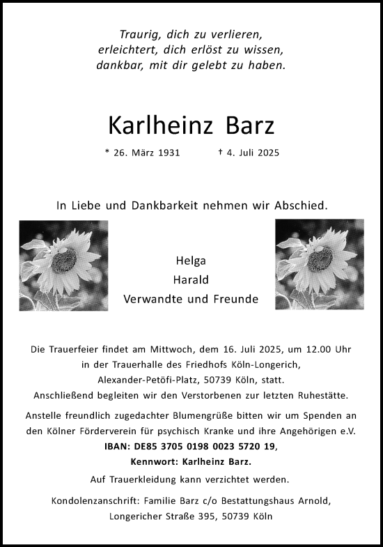 Anzeige von Karlheinz Barz von Kölner Stadt-Anzeiger / Kölnische Rundschau / Express