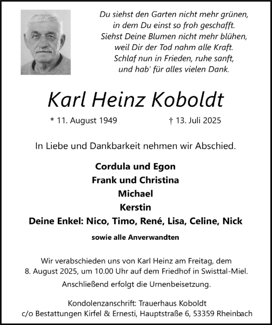 Anzeige von Karl Heinz Koboldt von  Schaufenster/Blickpunkt 