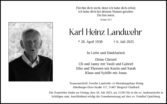 Anzeige von Karl Heinz Landwehr von Kölner Stadt-Anzeiger / Kölnische Rundschau / Express