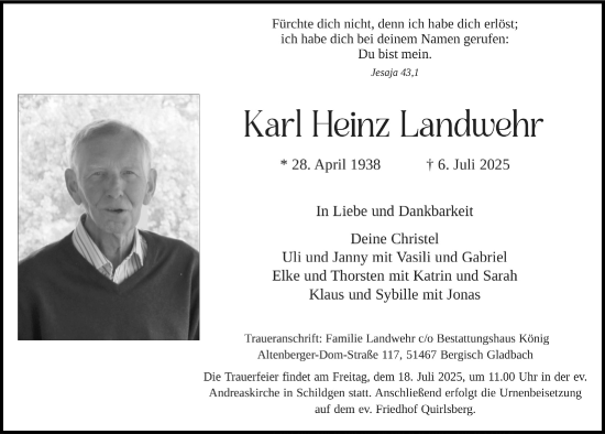 Anzeige von Karl Heinz Landwehr von  Bergisches Handelsblatt 