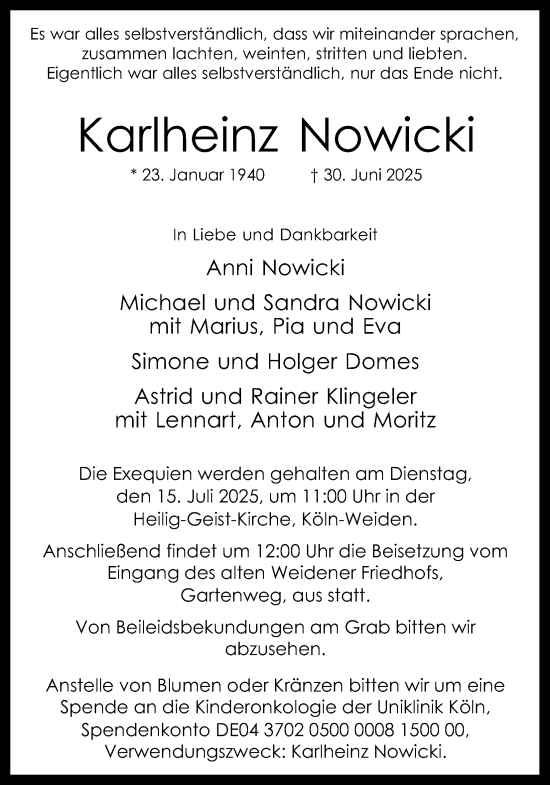 Anzeige von Karlheinz Nowicki von Kölner Stadt-Anzeiger / Kölnische Rundschau / Express