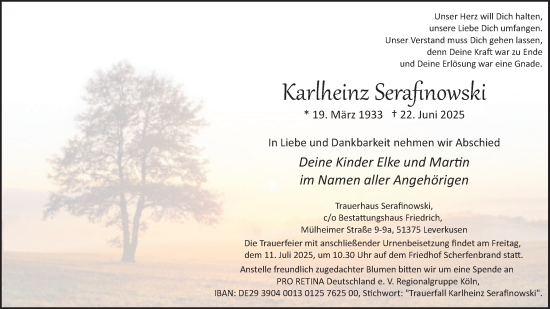 Anzeige von Karlheinz Serafinowski von Kölner Stadt-Anzeiger / Kölnische Rundschau / Express