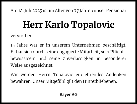 Anzeige von Karlo Topalovic von Kölner Stadt-Anzeiger / Kölnische Rundschau / Express