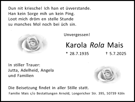 Anzeige von Karola Mais von Kölner Stadt-Anzeiger / Kölnische Rundschau / Express