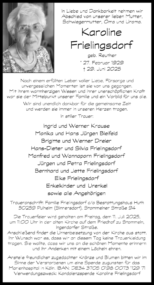 Anzeige von Karoline Frielingsdorf von  Wochenende 