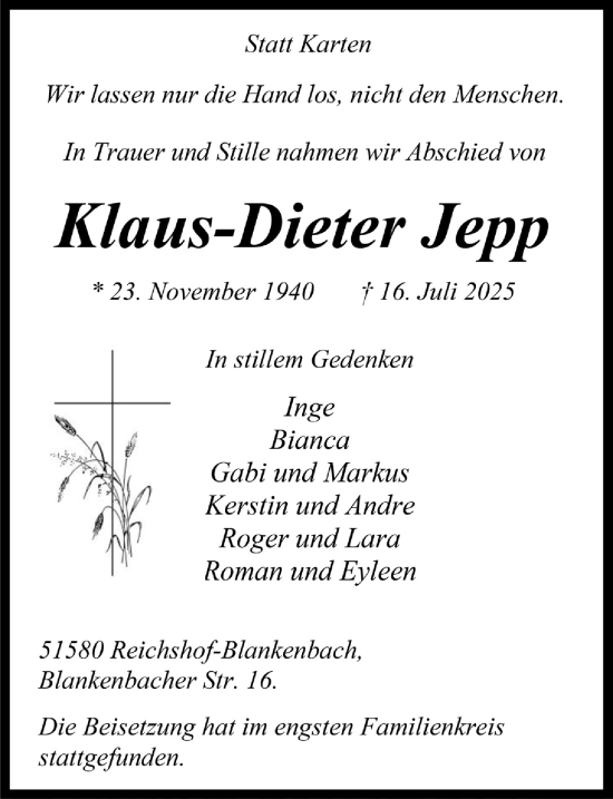 Anzeige von Klaus-Dieter Jepp von  Anzeigen Echo 
