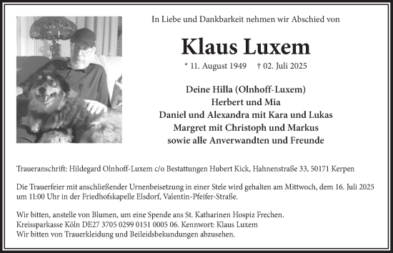 Anzeige von Klaus Luxem von  Werbepost 