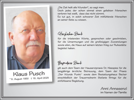 Anzeige von Klaus Pusch von Kölner Stadt-Anzeiger / Kölnische Rundschau / Express