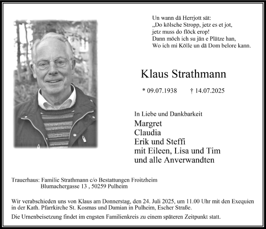 Anzeige von Klaus Strathmann von  Wochenende 