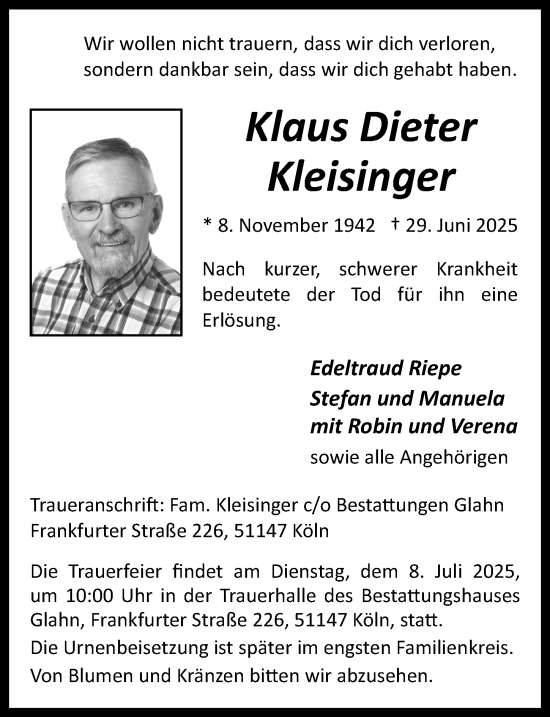 Anzeige von Klaus Dieter Kleisinger von  EXPRESS - Die Woche 