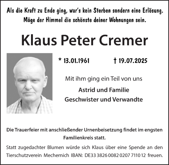 Anzeige von Klaus Peter Cremer von  Schlossbote/Werbekurier 