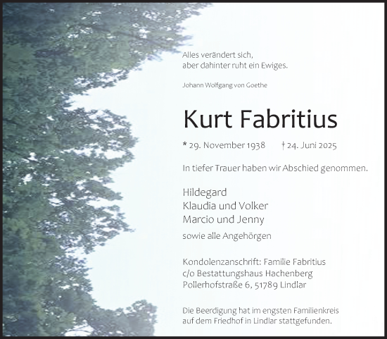Anzeige von Kurt Fabritius von Kölner Stadt-Anzeiger / Kölnische Rundschau / Express