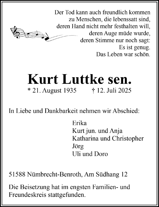 Anzeige von Kurt Luttke von  Lokalanzeiger 