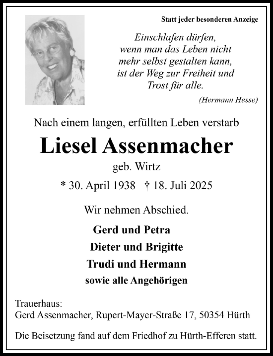 Anzeige von Liesel Assenmacher von  Wochenende 