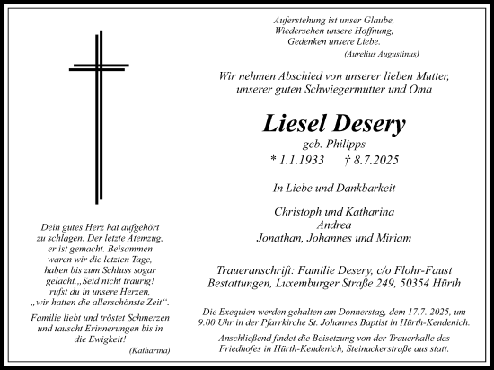 Anzeige von Liesel Desery von Kölner Stadt-Anzeiger / Kölnische Rundschau / Express