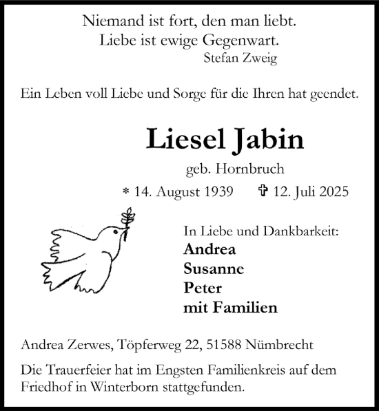 Anzeige von Liesel Jabin von  Lokalanzeiger 