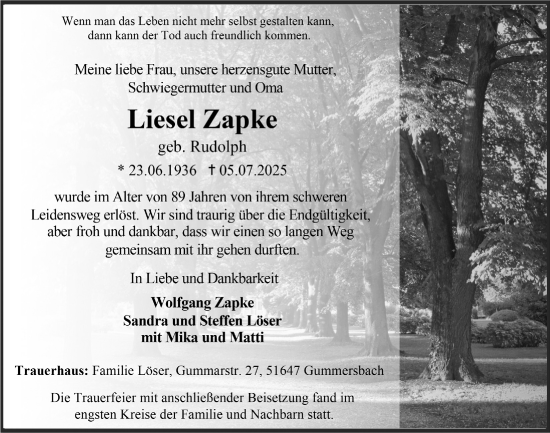 Anzeige von Liesel Zapke von  Anzeigen Echo 