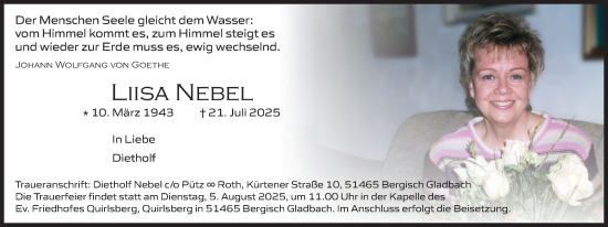 Anzeige von Liisa Nebel von Kölner Stadt-Anzeiger / Kölnische Rundschau / Express