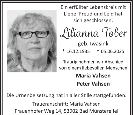 Anzeige von Liliana Fober von  Blickpunkt Euskirchen 