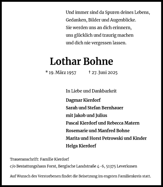 Anzeige von Lothar Bohne von Kölner Stadt-Anzeiger / Kölnische Rundschau / Express