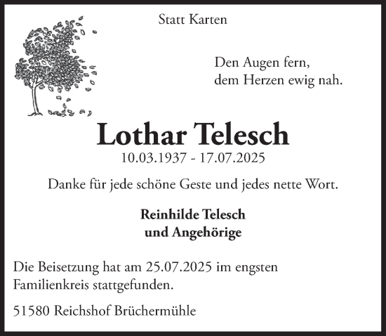 Anzeige von Lothar Telesch von  Lokalanzeiger 