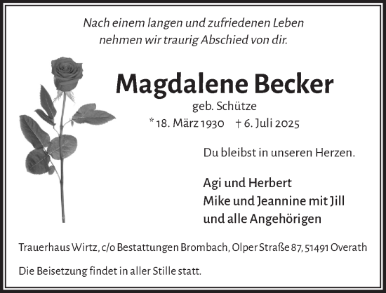 Anzeige von Magdalene Becker von  Bergisches Handelsblatt 