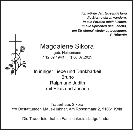Anzeige von Magdalene Sikora von  Schlossbote/Werbekurier 