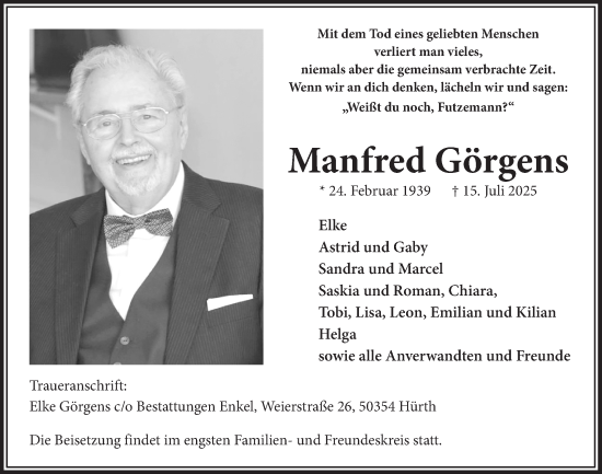 Anzeige von Manfred Görgens von  Wochenende 
