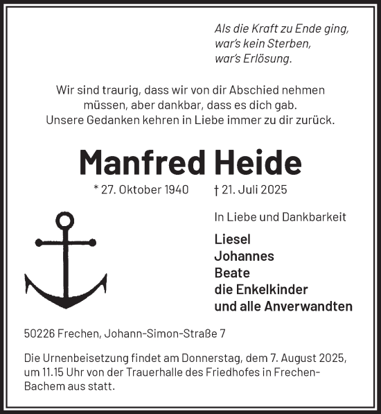 Anzeige von Manfred Heide von  Wochenende 