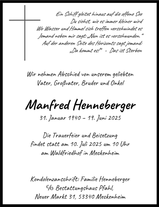 Anzeige von Manfred Henneberger von  Schaufenster/Blickpunkt 