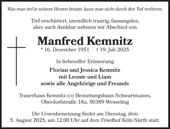 Anzeige von Manfred Kemnitz von  Schlossbote/Werbekurier 