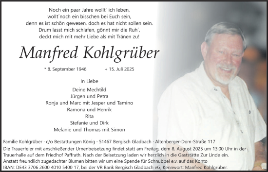 Anzeige von Manfred Kohlgrüber von  Bergisches Handelsblatt 