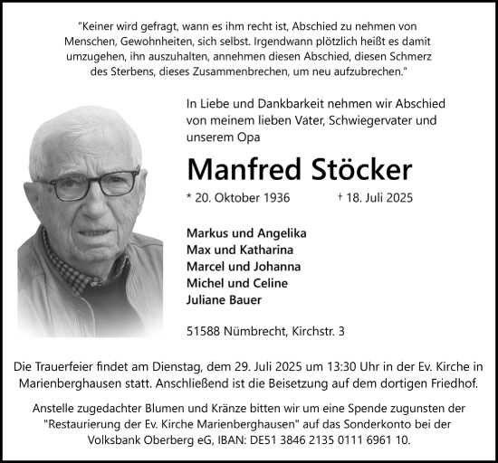 Anzeige von Manfred Stöcker von  Anzeigen Echo  Lokalanzeiger 