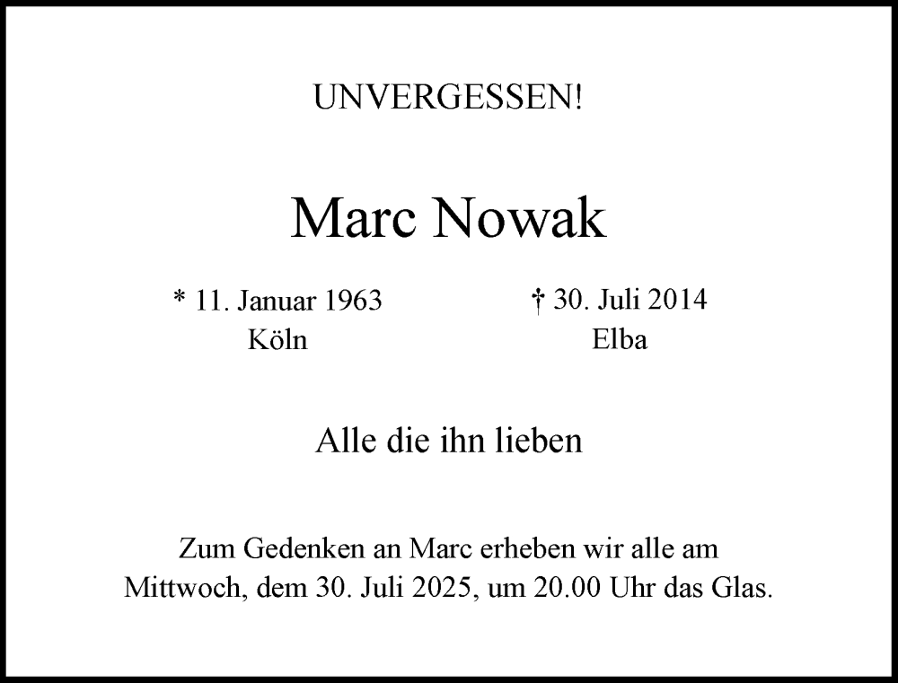  Traueranzeige für Marc Nowak vom 30.07.2025 aus Kölner Stadt-Anzeiger / Kölnische Rundschau / Express