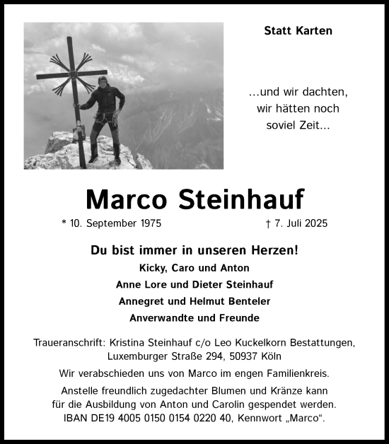Anzeige von Marco Steinhauf von Kölner Stadt-Anzeiger / Kölnische Rundschau / Express