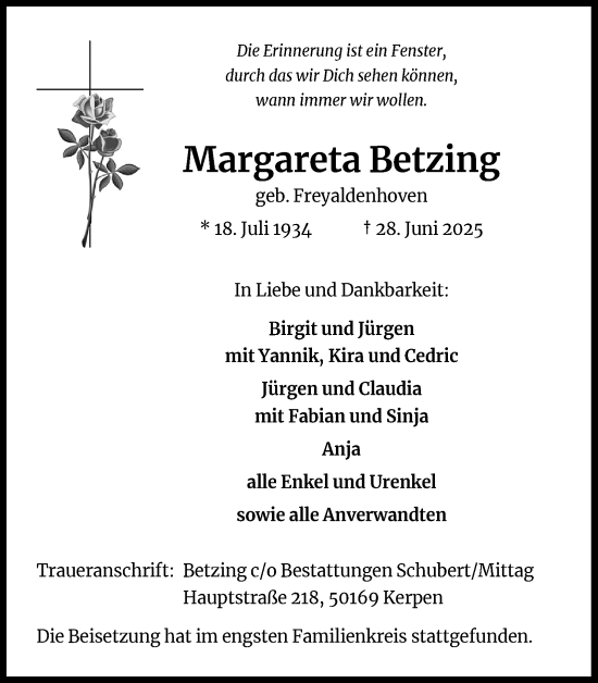 Anzeige von Margareta Betzing von Kölner Stadt-Anzeiger / Kölnische Rundschau / Express