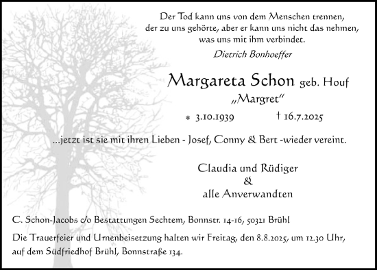 Anzeige von Margareta Schon von  Schlossbote/Werbekurier 