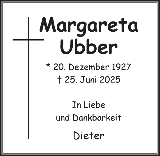Anzeige von Margareta Ubber von  Werbepost 