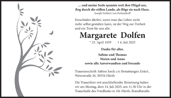 Anzeige von Margarete Dolfen von  Wochenende 