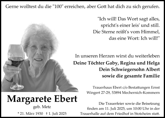 Anzeige von Margarete Ebert von  Blickpunkt Euskirchen 