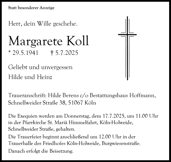 Anzeige von Margarete Koll von Kölner Stadt-Anzeiger / Kölnische Rundschau / Express